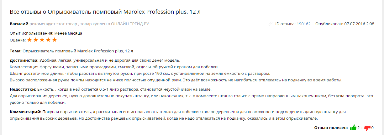 Отзыв об опрыскивателе Marolex Profesion 12 8